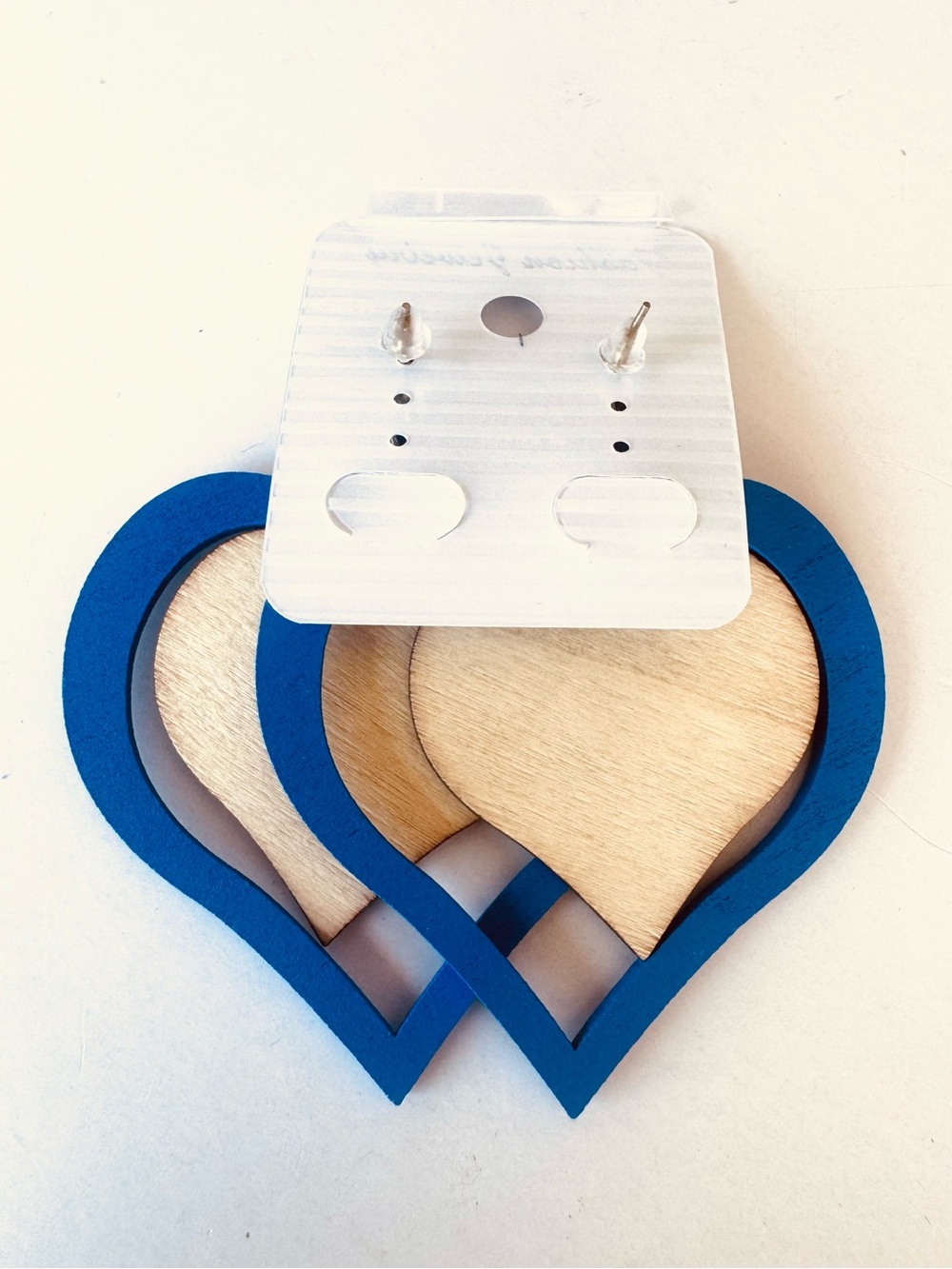 Blue Heart Lightweight Wooden Earrings - Geometric Inlay - Picture 2 of 4
